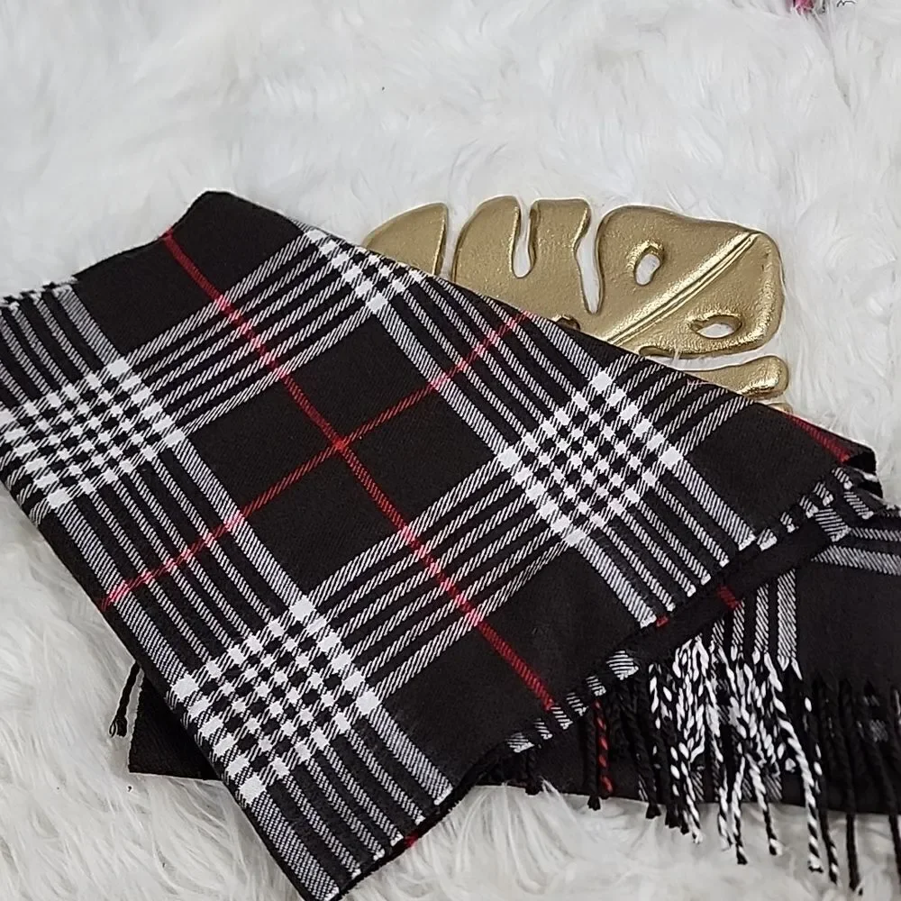Luxury Cashmere Braided  Fringed Buttery Soft Plaid Scarf Chocolate Brown